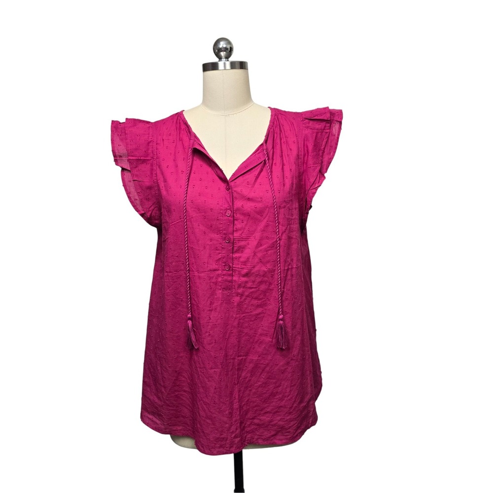 Love Tomas Emerson Fry Pink Textured Dot Flutter Sleeve Tassel V Neck Top M